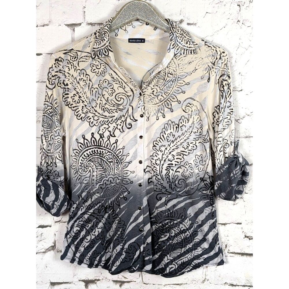 DAVID CLINE Crushed Knit Animal Print Paisley Top Artsy Collectible Medium